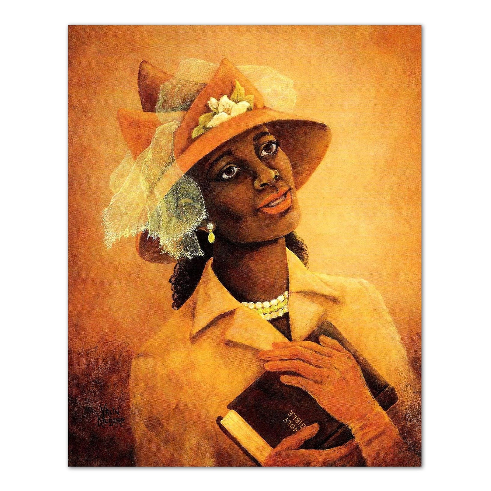African American Art Print - Black Woman Flower Hat Praying Bible 8x10 Wall Picture