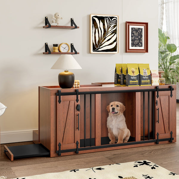56'L, Furniture Style 2 in 1 Dog Crate with Padded Seat, Sliding Barn Door, Luxury Wooden Dog Kennel, End of Bed Bench Ottoman with Removable Cushion for Bedroom, Living Room, Walnut