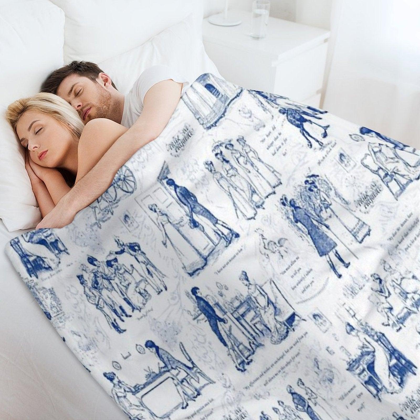 Pride And Prejudice Blue Toile Illustrations Quotes Pattern Throw Blanket