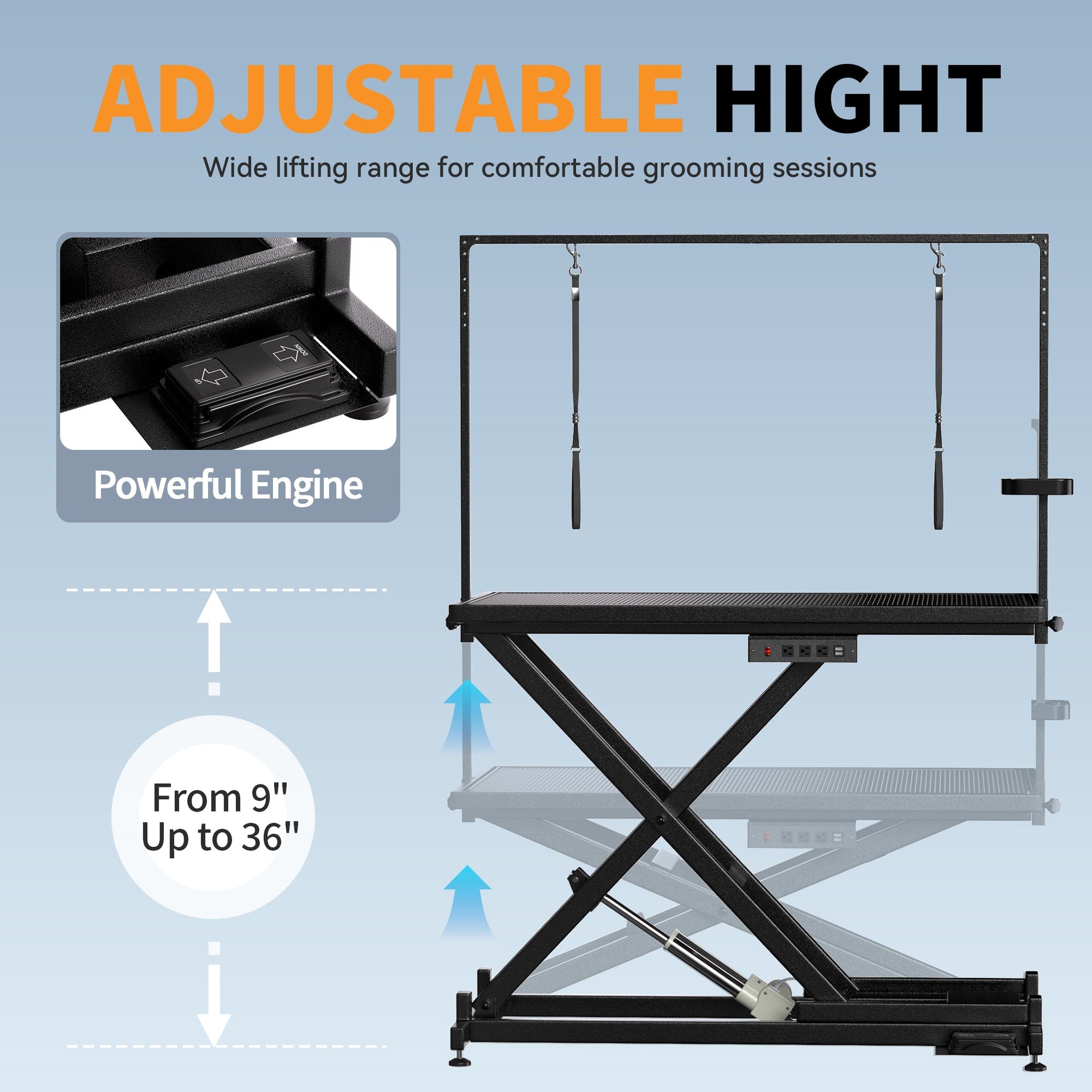 Professional Electric Dog Grooming Table - Heavy Duty, Height Adjustable Pet Grooming Table w/Leveling Wheels, Dog Grooming Arm, Anti Slip Tabletop & Tool Organizer/Dog Grooming Station (50', BLACK)