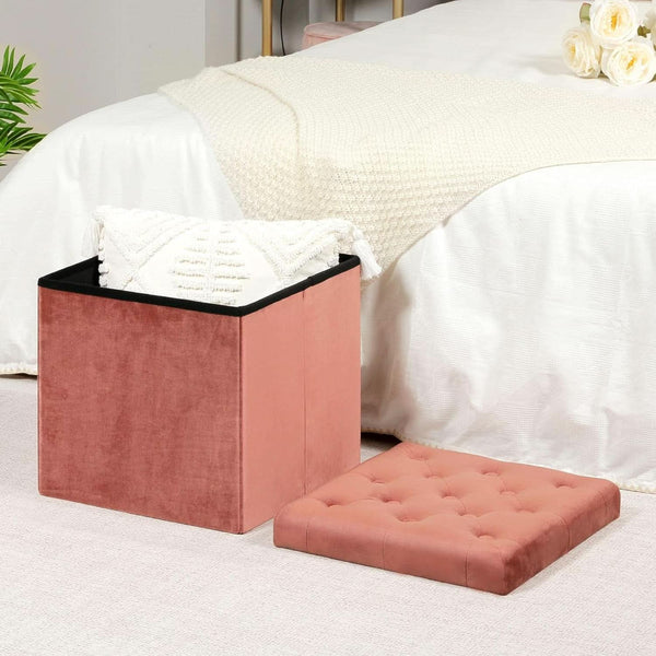 Warm Red Velvet Tufted Upholstered Storage Ottoman