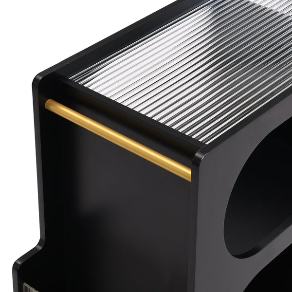 Stylish mobile desk with lockable wheels,bedside table with 5mm thick grooved tempered glass and gold round bars ，black