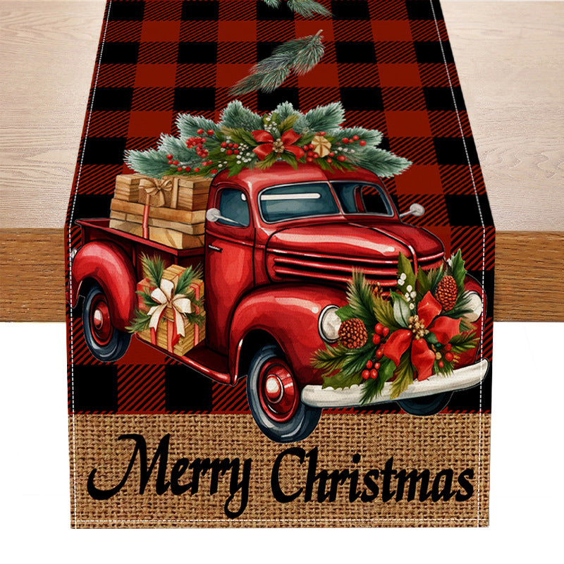 Red car printed table flag Christmas red black checkered linen living room decoration tablecloth