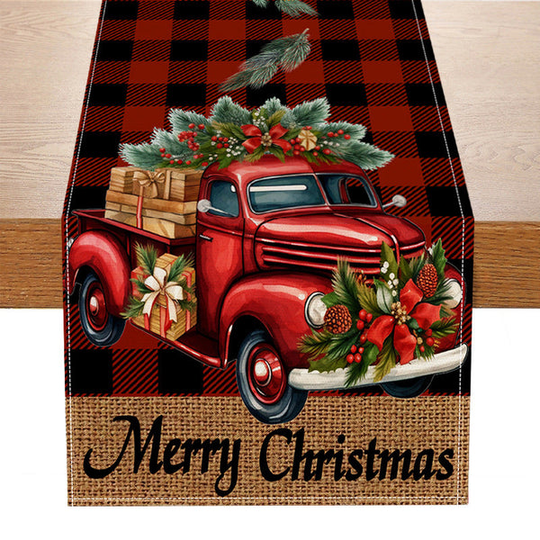 Red car printed table flag Christmas red black checkered linen living room decoration tablecloth