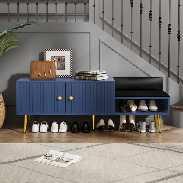 Modern Shoe Storage Bench with Hidden Storage and Upholstered Cushions for Bedside, Living Room and Entryway (Navy)