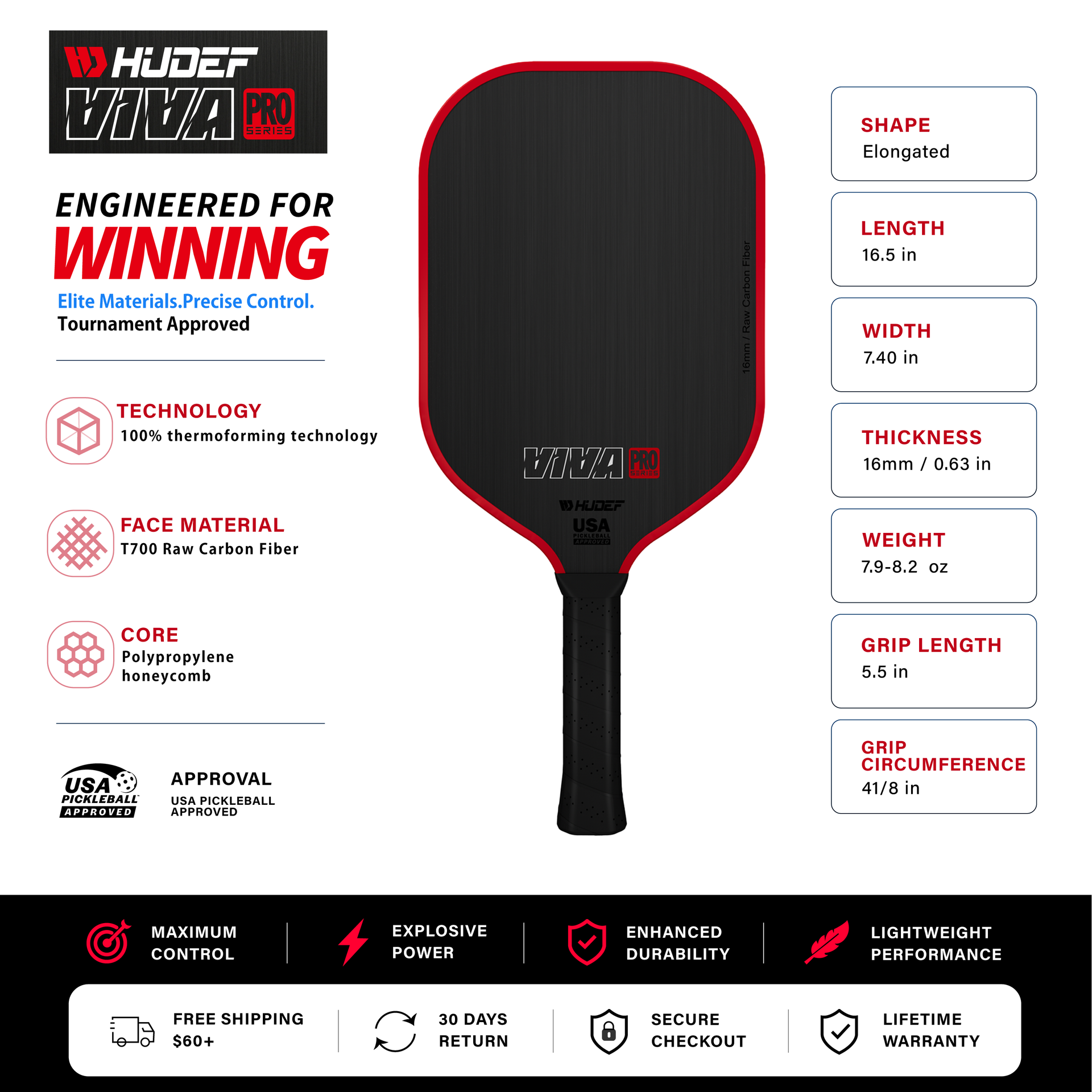 Hudef Viva Pro™ Gen 1 Elongated Pickleball Paddle (Carbon Fiber)
