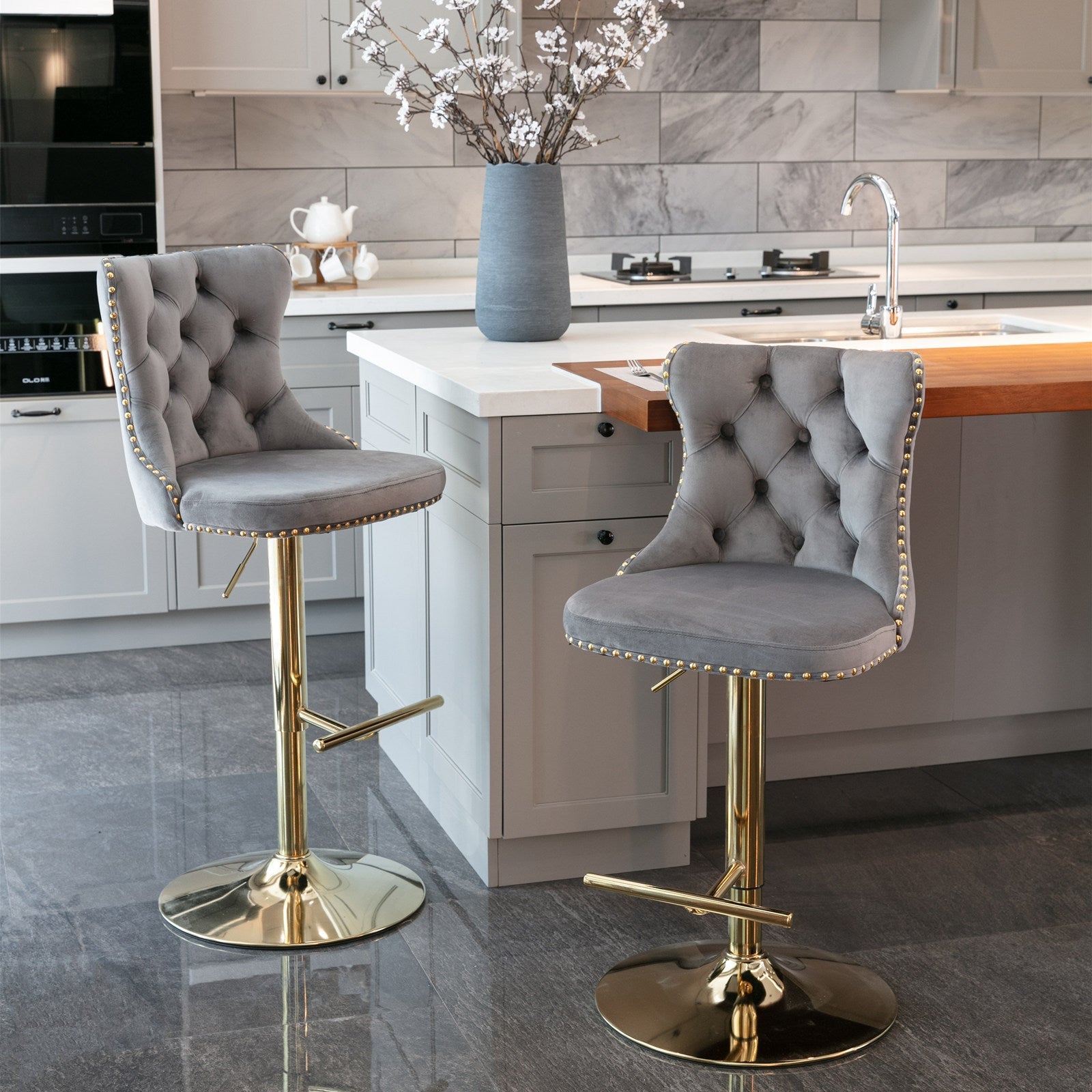 Golden Swivel Velvet Adjustable Barstools with Backs Upholstered Tufted for Home Pub