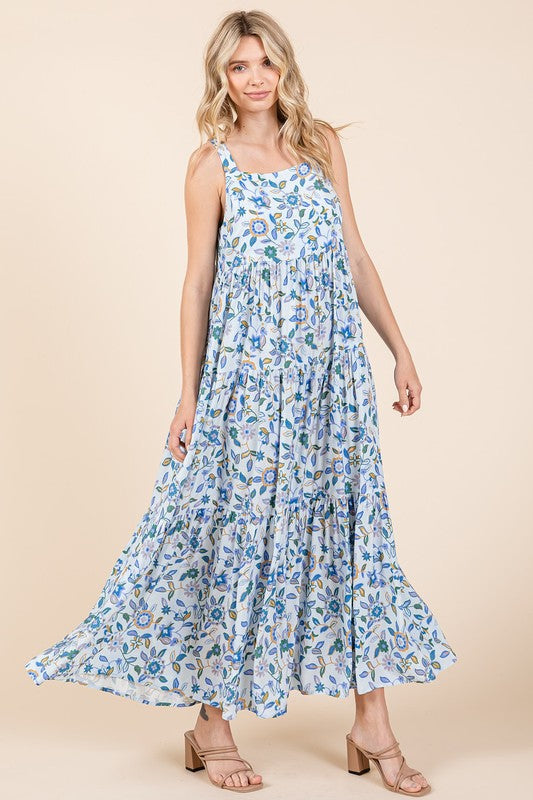 New Flower Print Tiered Sleeveless Empire Maxi Dress – Elegant, Playful and Feminine Floral Maxi Dress with Whimsical Layers