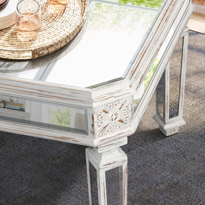 Silver Mirrored Coffee Table, Vintage Carved Elements, Rectangle Glass Tea Table with Mirrored Finish, Modern Center Table for Living Room and Office (24' D x 48' W x 18' H)