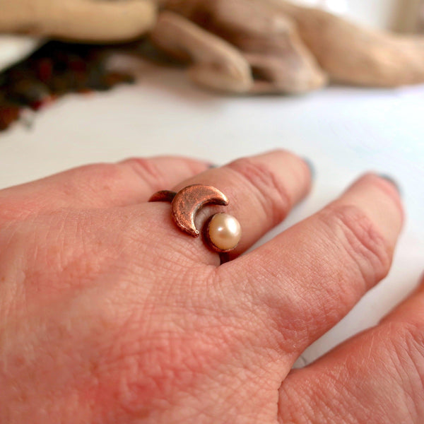 Copper Pearl Moon Open Ring Grounded Grace Calm | By Blackbird & Sage