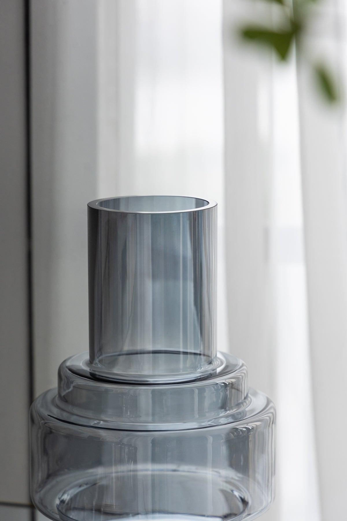 Blue Smoked Geometric Glass Decorative Vase