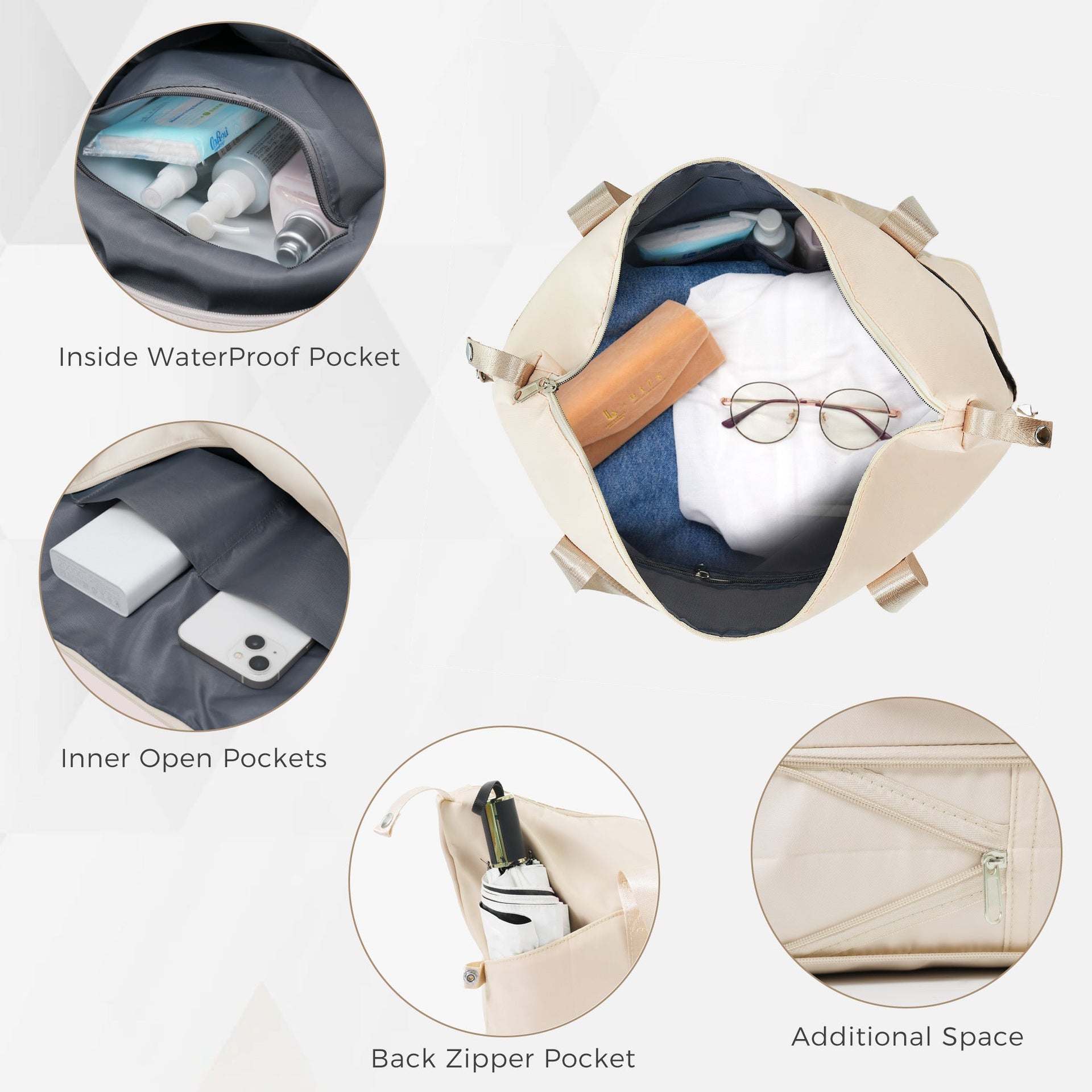 Luggage Sets 4 Piece, ABS Durable Suitcase with Travel Bag, ABS Hard Shell Luggage with Spinner Wheels, ivory and golden