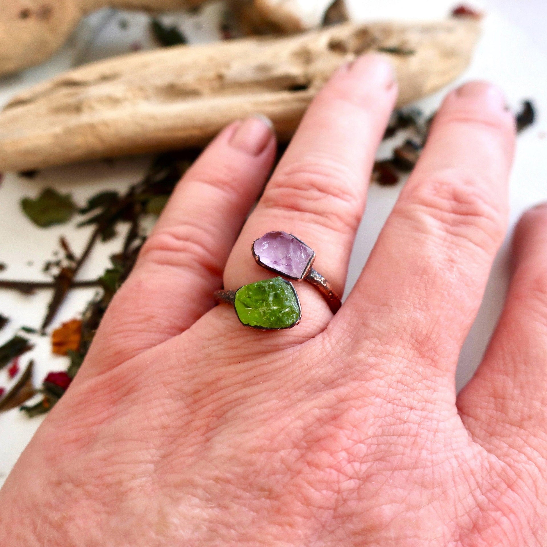 Copper Peridot Amethyst Twist Ring – Renewed Spirit | By Blackbird & Sage