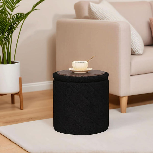 Luxurious Black Boucle Storage Ottoman 12 In Diameter Tray