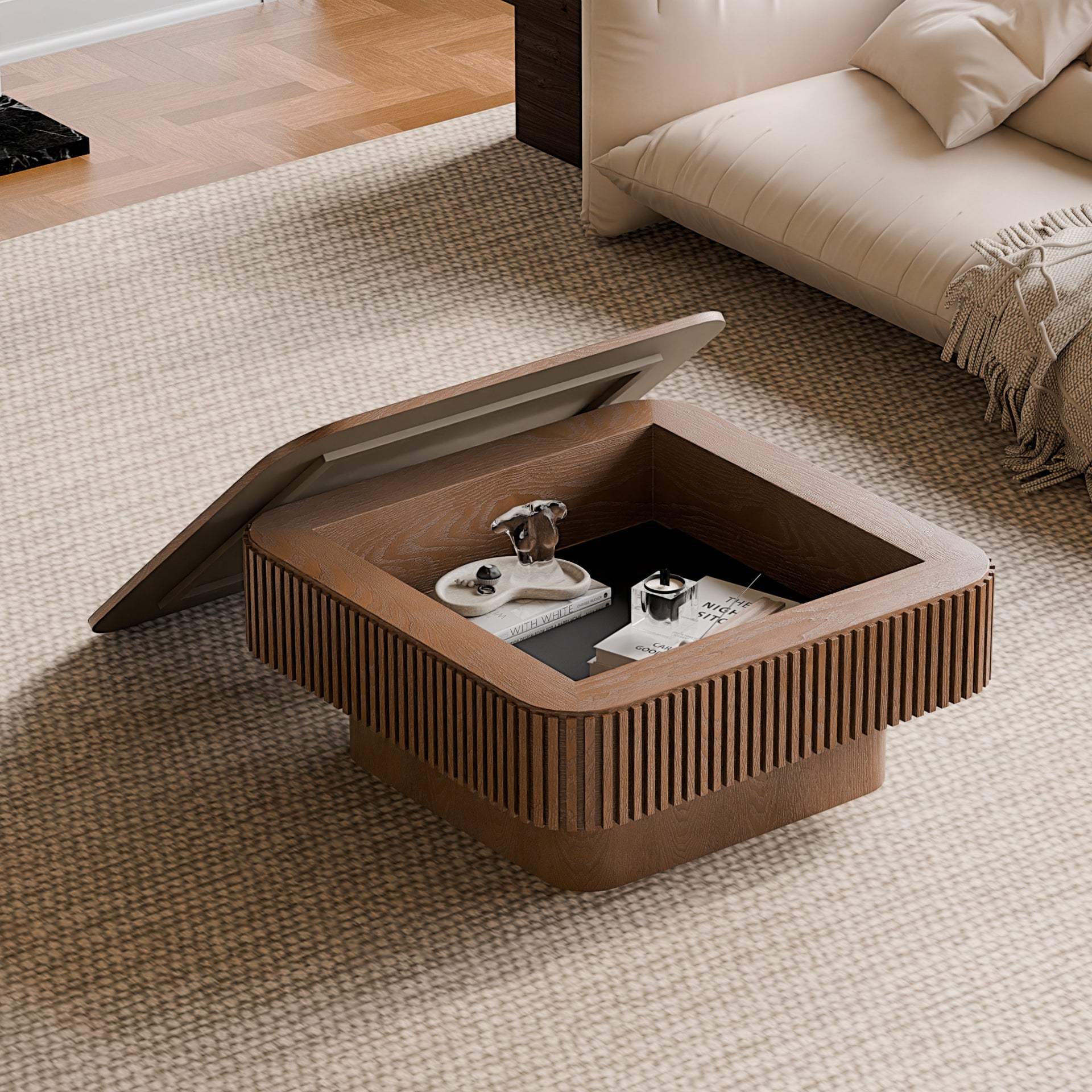 Walnut Square Modern Coffee Table with Hidden Storage