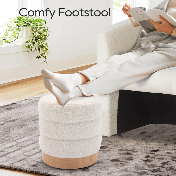 Cream Tufted Sherpa Ottoman Footstool Round Cushion