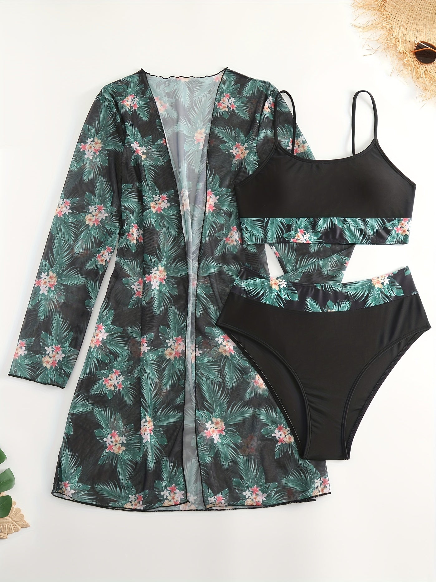 Bikini 3 Piece Tropical Print Swimsuit Set – High Stretch Comfortable Women's Bikini with Crew Neck Mesh Cover-Up – Chic Vacation Beachwear for Summer Casual Style & Poolside Glamour
