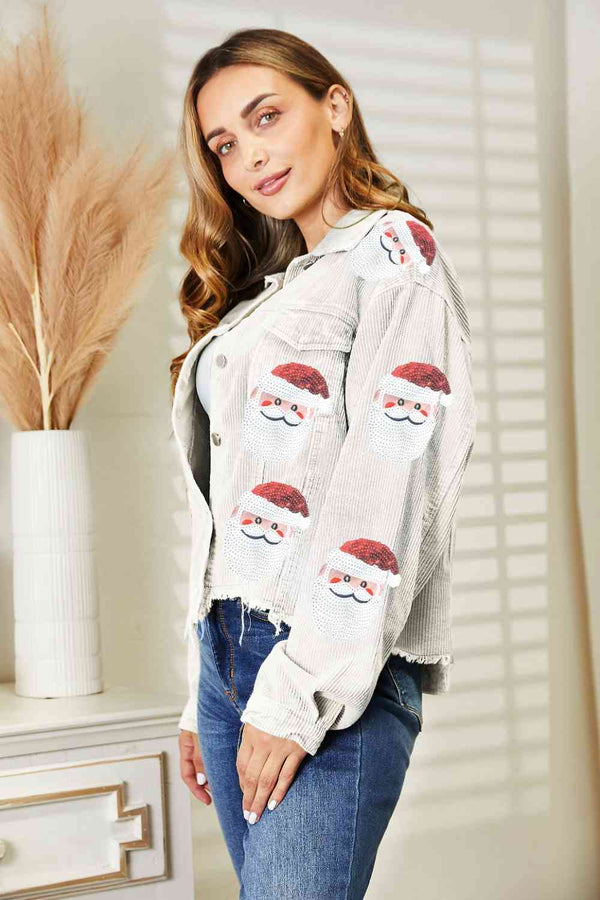 Red Santa Sequin Raw Hem Jacket Festive Buttoned Jacket Charming Winter Women Jacket