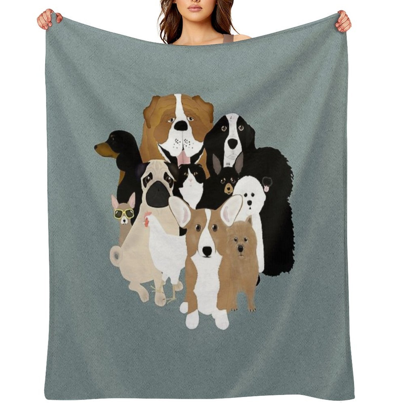 Dogs, A Cat And A Chicken Velvety-soft Throw Blanket