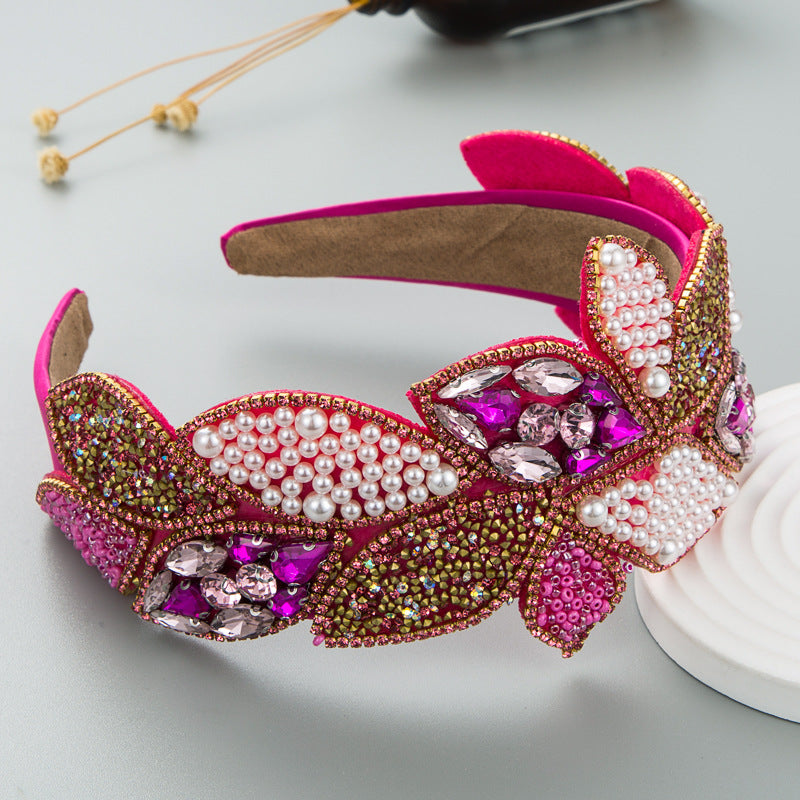 Headband Fashion Ball Rhinestone Pearl Leaf-Shaped Baroque Headband Exaggerated Wide-Brimmed Hair Accessories