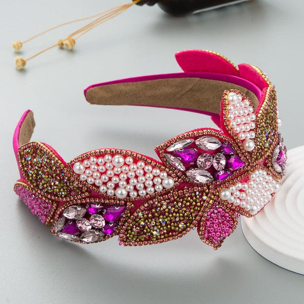 Headband Fashion Ball Rhinestone Pearl Leaf-Shaped Baroque Headband Exaggerated Wide-Brimmed Hair Accessories