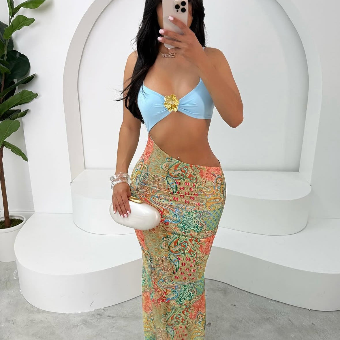 Women's Sexy Strapless Backless Halter Fitted Slant Hip Long Dress