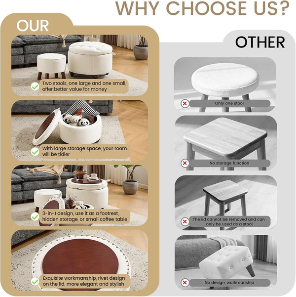 24 Inch Round Beige Storage Ottoman Removable TopWith Storage