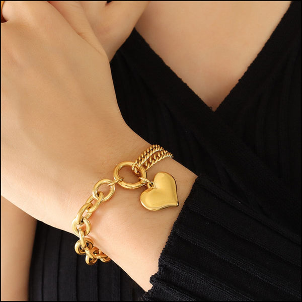 Gold Half Chunky Chain Heart Charm Bracelet