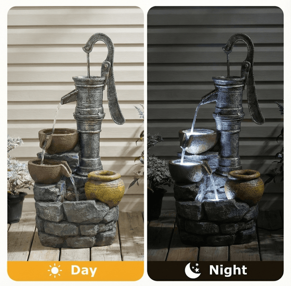 Resin Hand Pump Cascading Outdoor Fountain 32 Inch