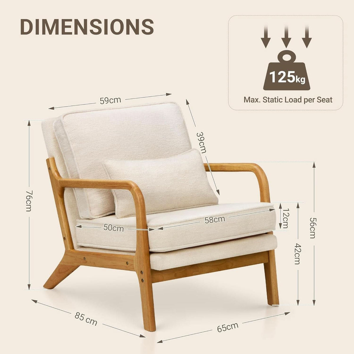 Beige Mid Century Accent Armchair Lumbar Support Pillow