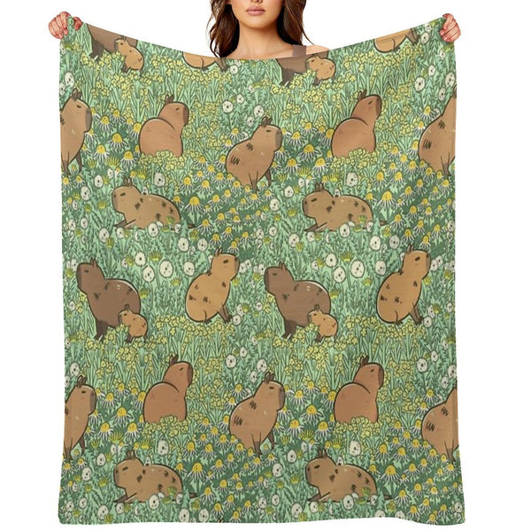 Capybaras Meadow in Green And Yellow Eco-conscious Throw Blanket