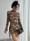 Slim-fit Side Drawstring Stand-up Collar Long-sleeved Irregular Short Dress - Brown / L