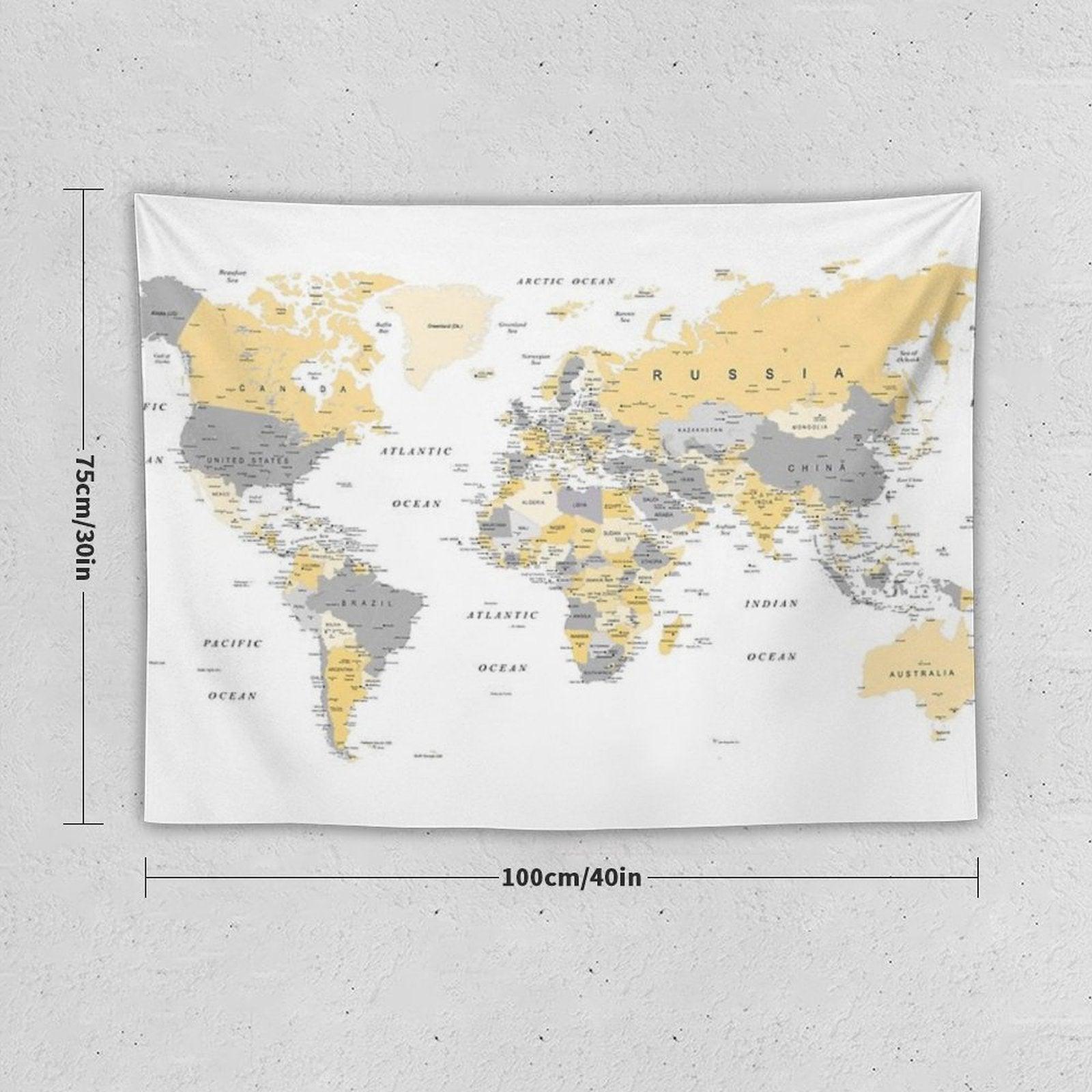 Map of The World Yellow And Grey Tapestry