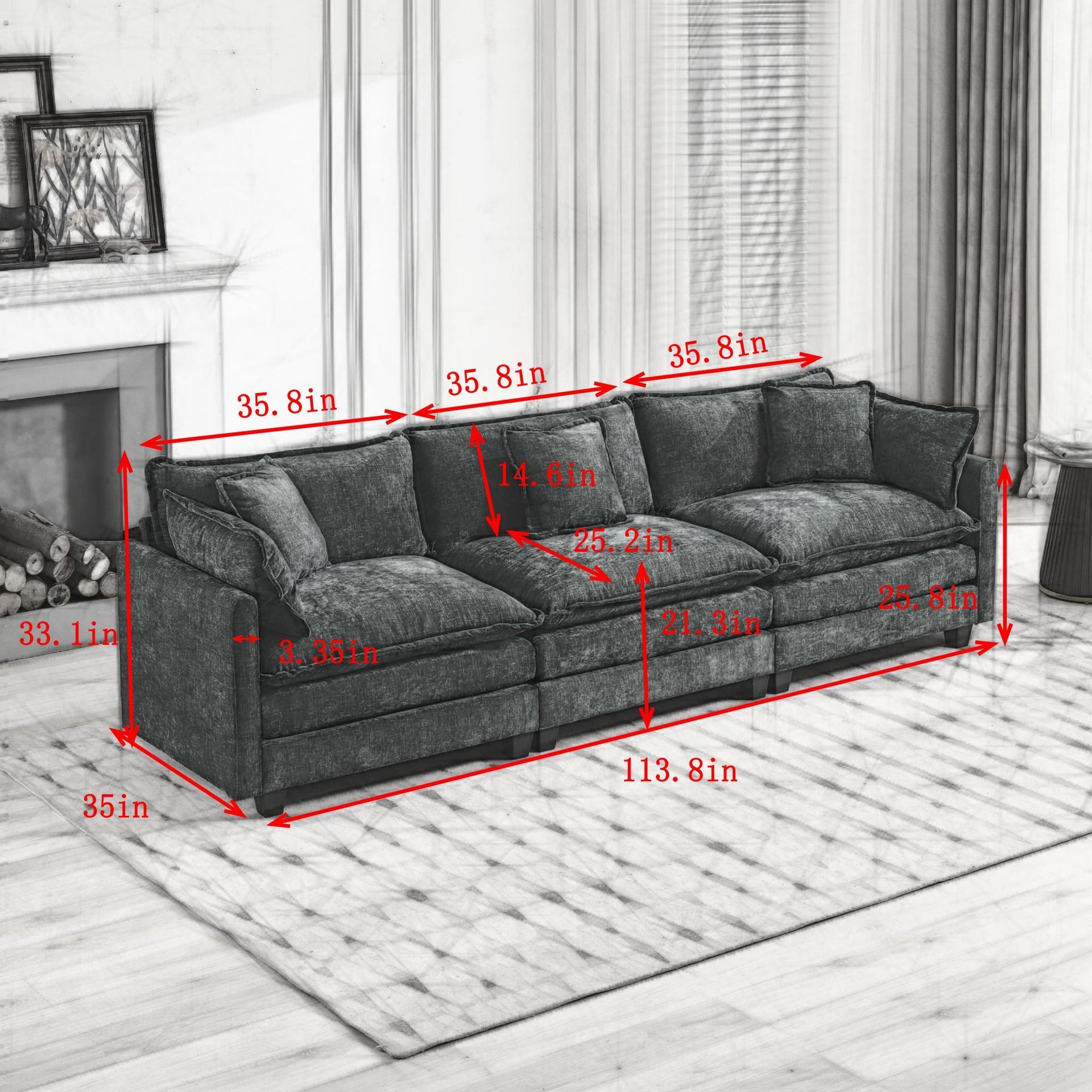 Cloud3 Seats  Sofa (Ottoman is not included)Chenille Fabric in Beige