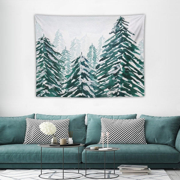 Hand Painted Snowy Pine Forest Green Tapestry