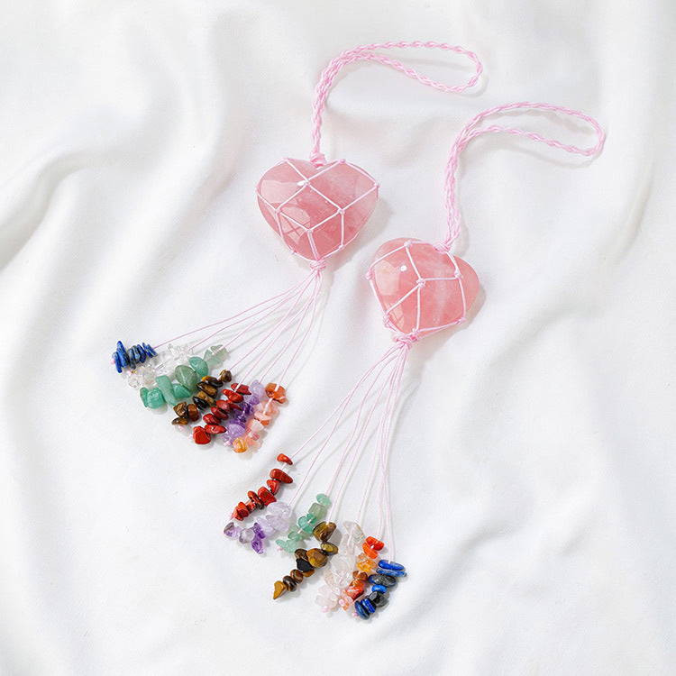 Pink Crystal Love Pendant Pink Crystal Original Stone Heart shaped Peach Heart Colorful Crushed Stone Tassel Pendant