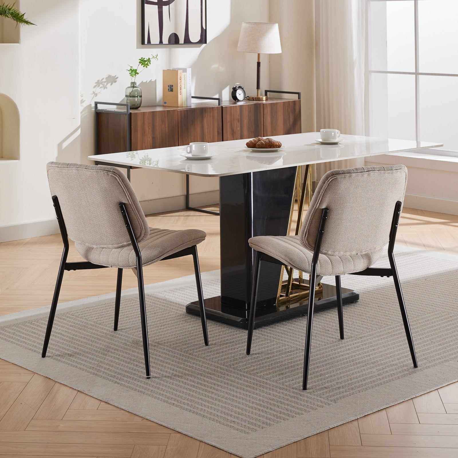 2-piece retro linen chair set with curved wooden backrest, cushioned seat, adjustable metal legs, (Beige Linen)