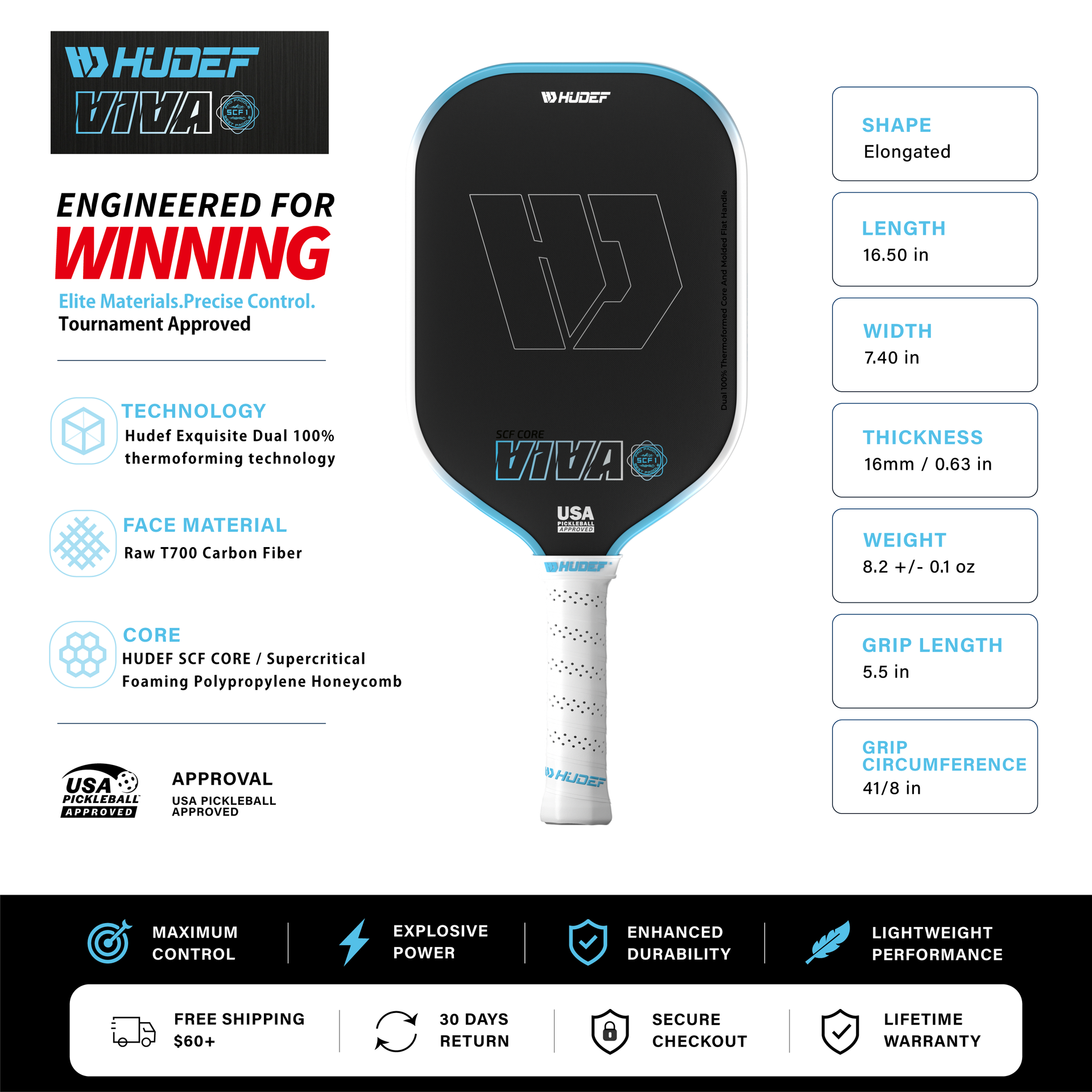 Hudef Viva SCF1 Elongated Pickleball Paddle 16mm  Blue (USAP Approved)