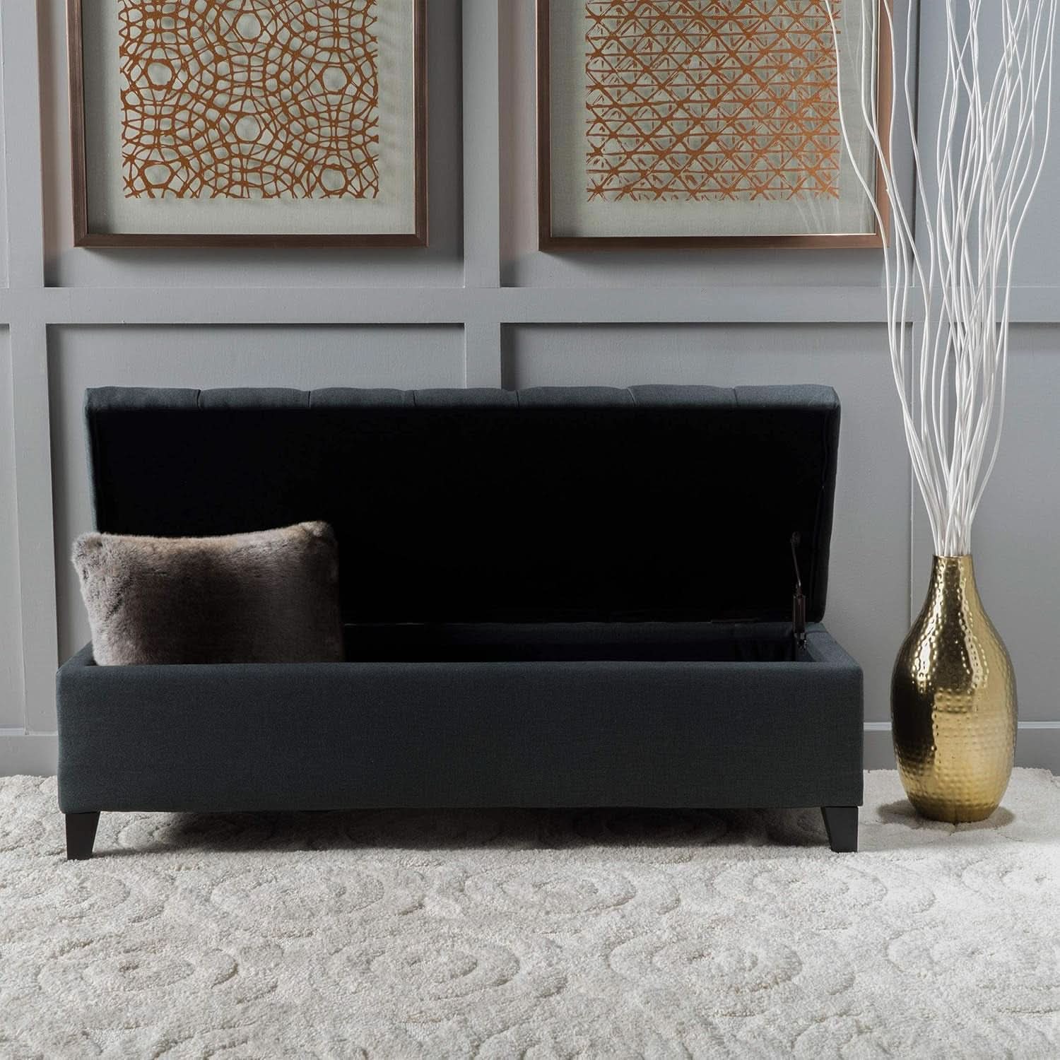 Dark Grey Tufted Fabric Storage Ottoman 17.5 In Depth
