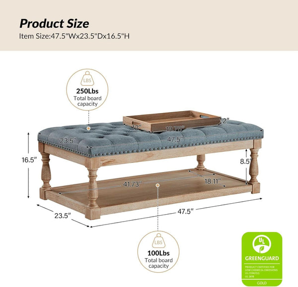 Blue Rectangular Upholstered Ottoman Coffee Table Tray