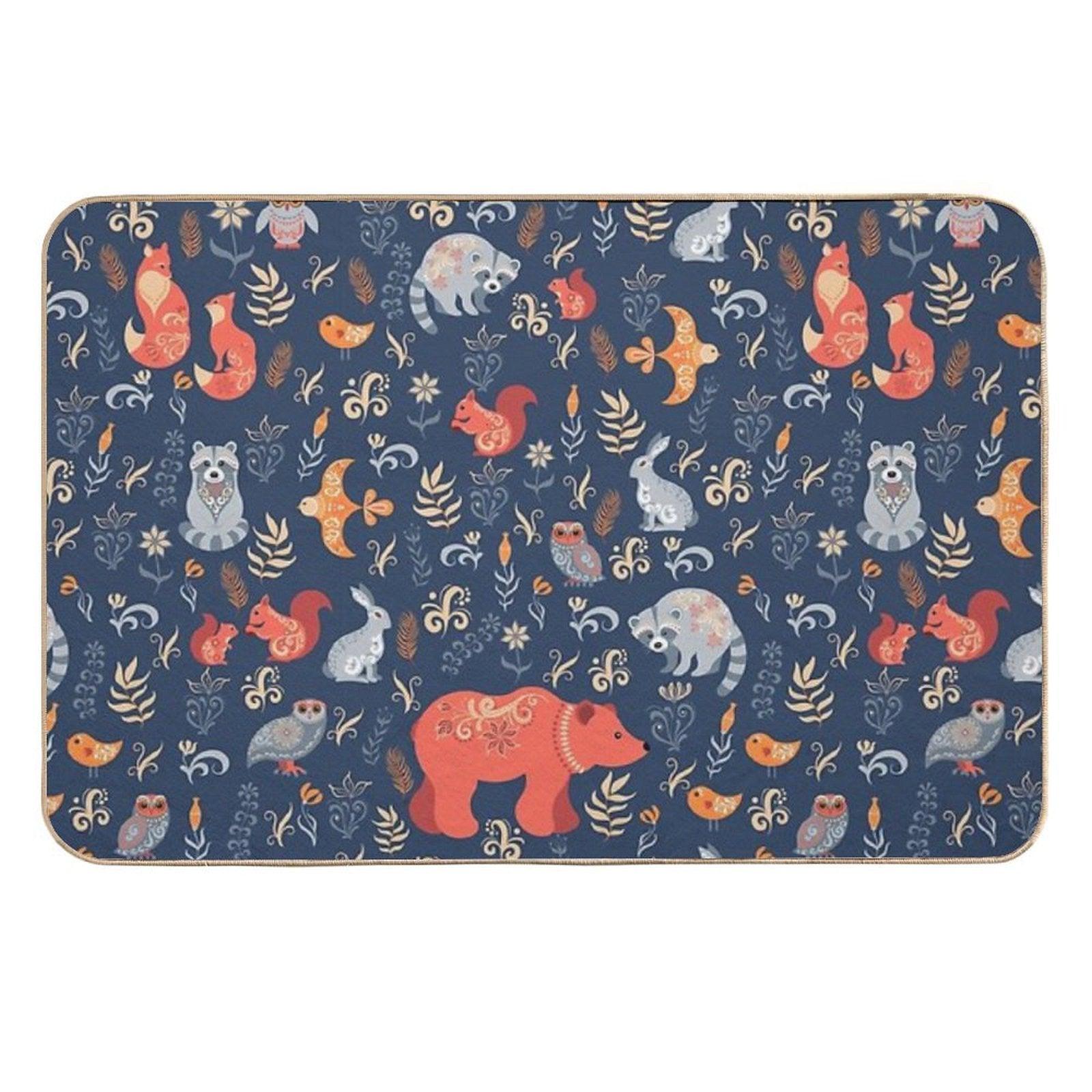 Fairy-tale Forest. Fox, Bear, Raccoon, Owls, Rabbits, Flowers And Herbs on A Blue Background.  Stain-Proof Bath Mat