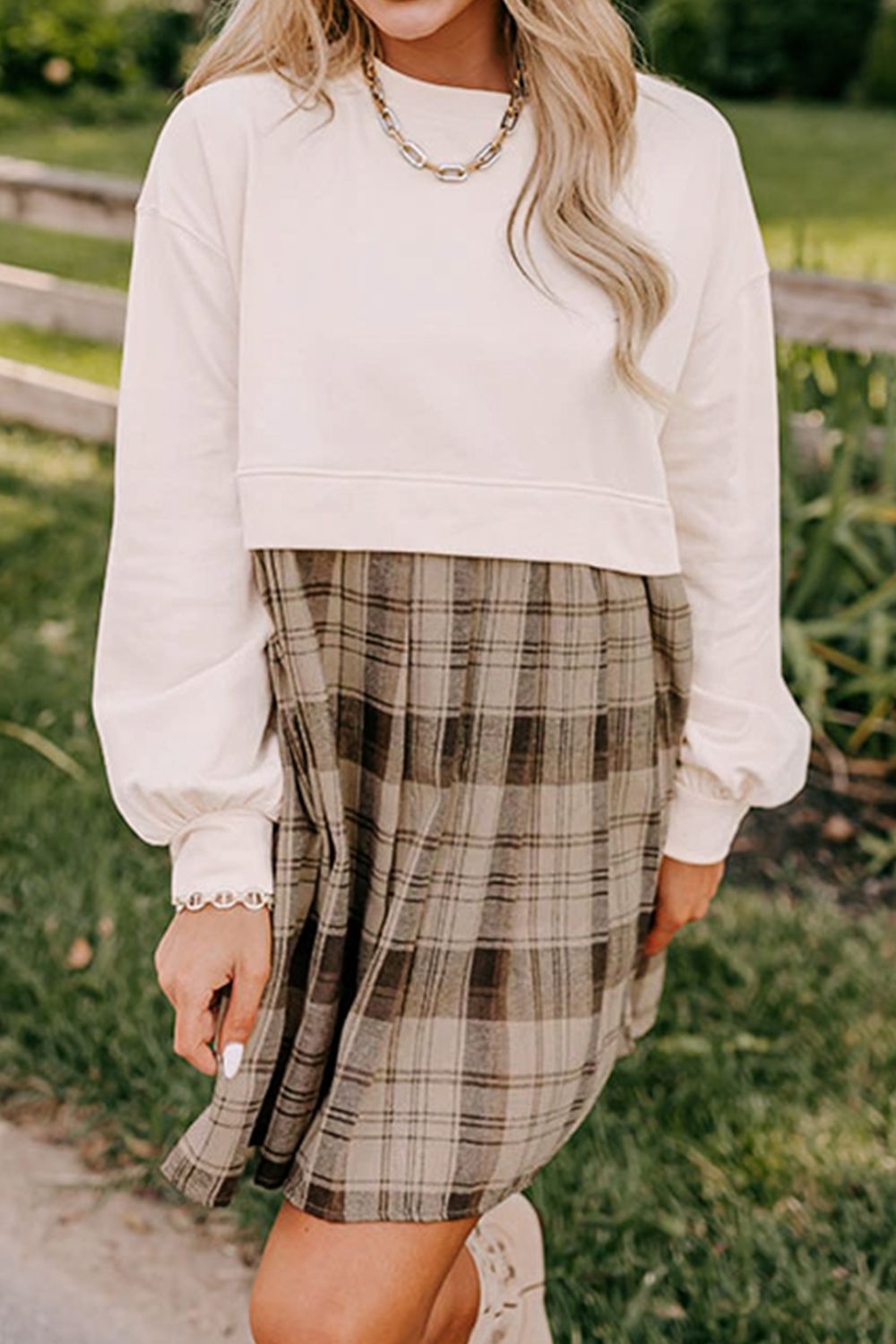 Vintage Plaid Round Neck Long Sleeve Mini Dress Cozy & Stylish Dress Retro Design Dress For Party