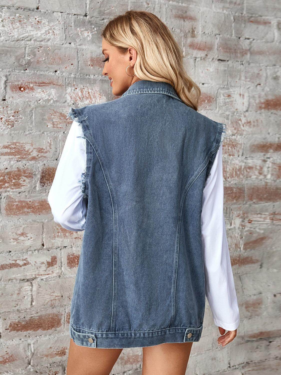 Raw Hem Sleeveless Button Up Denim Jacket for Women