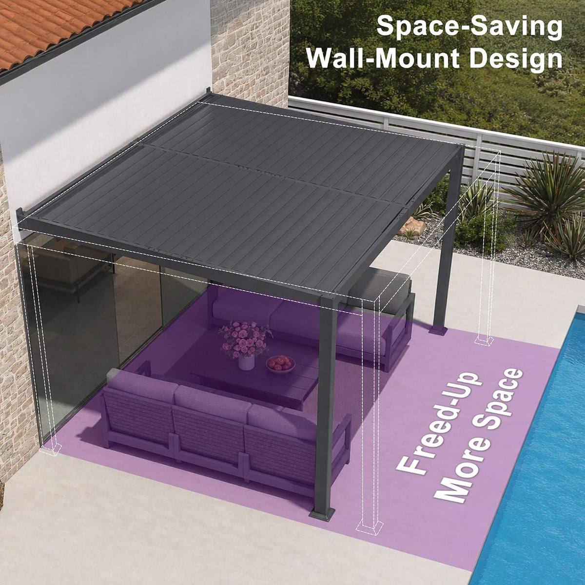 [08X10FT] Modern Wall-Mounted Louvered Pergola With Aluminum Frame (SAK60977)