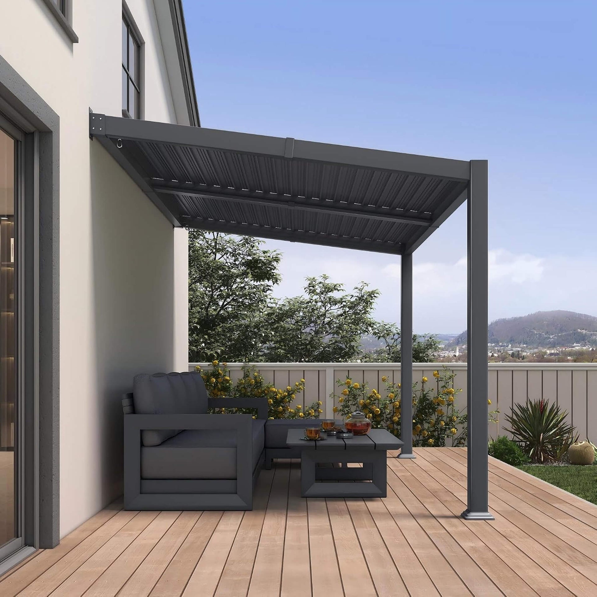 [08X12FT] Modern Wall-Mounted Louvered Pergola With Aluminum Frame (SAK25902)