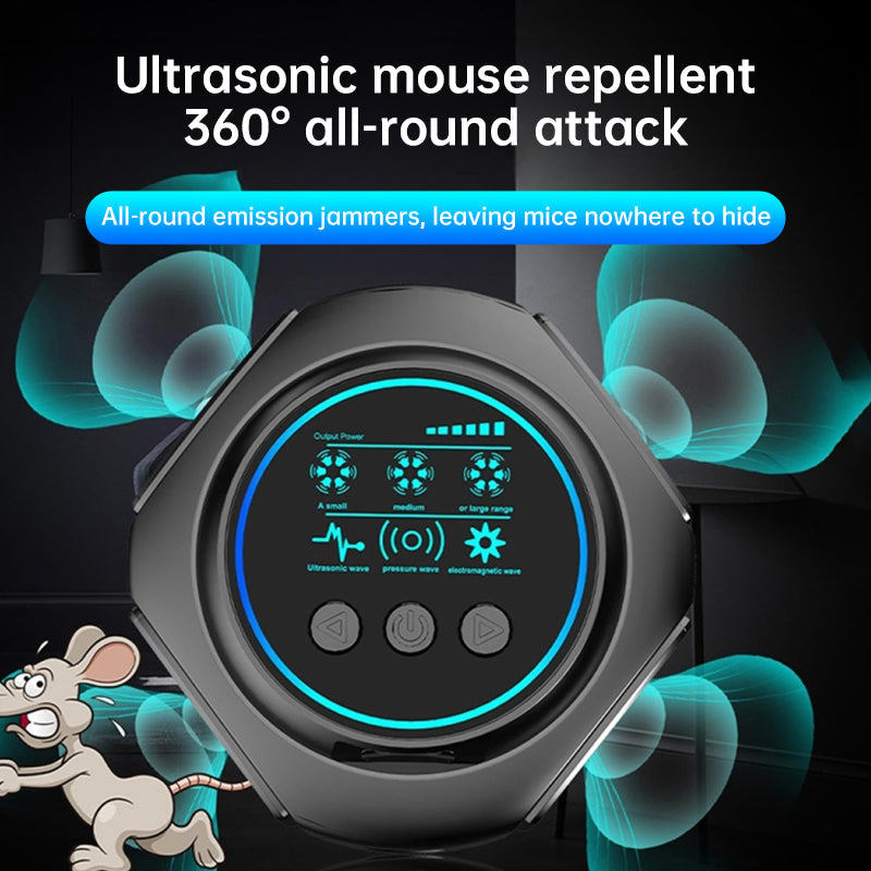 4-in-1 ultrasonic rodent repellent, 360° electronic rat repellent, repels indoor flies, cockroaches & mosquitoes.