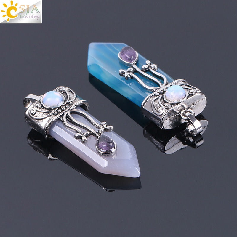 CSJA Vintage Large Natural Stone Sword-Shaped Pendant Jewelry Striped Crystal Agate Tiger Eye Jewelry Pendant Without Chain