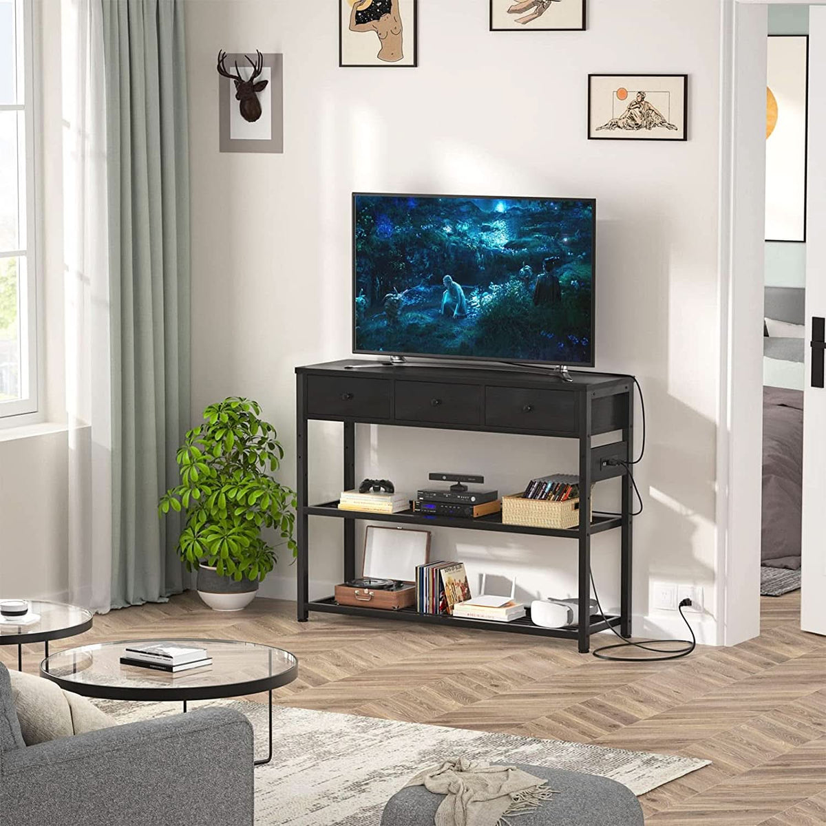 Black Console Table With USB Ports And Outlets For Living Room