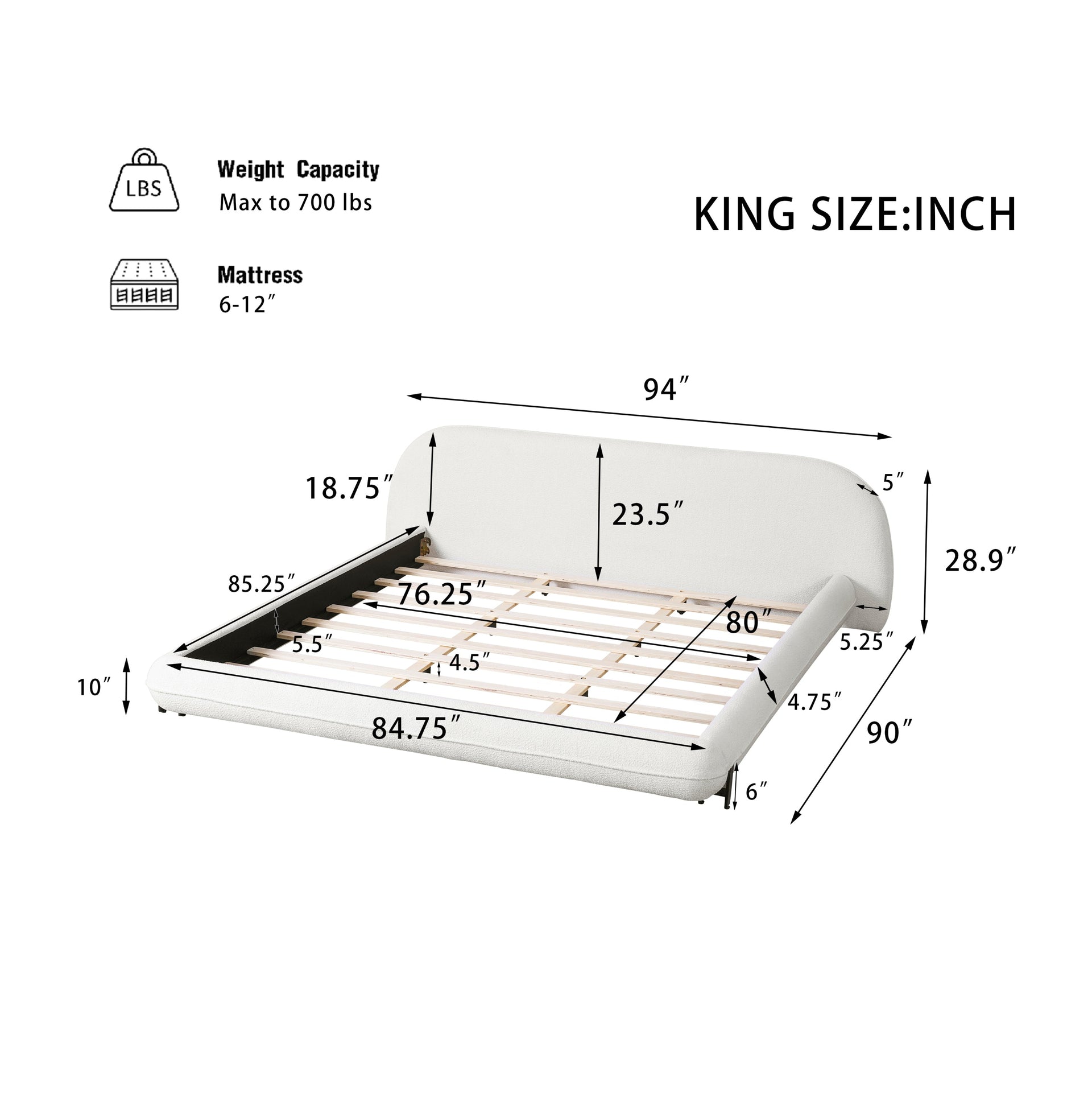 King Size Bed Frame with Boucle Fabric, Upholstered Platform Bed with Curve-Shaped Design & Thick Headboard, White