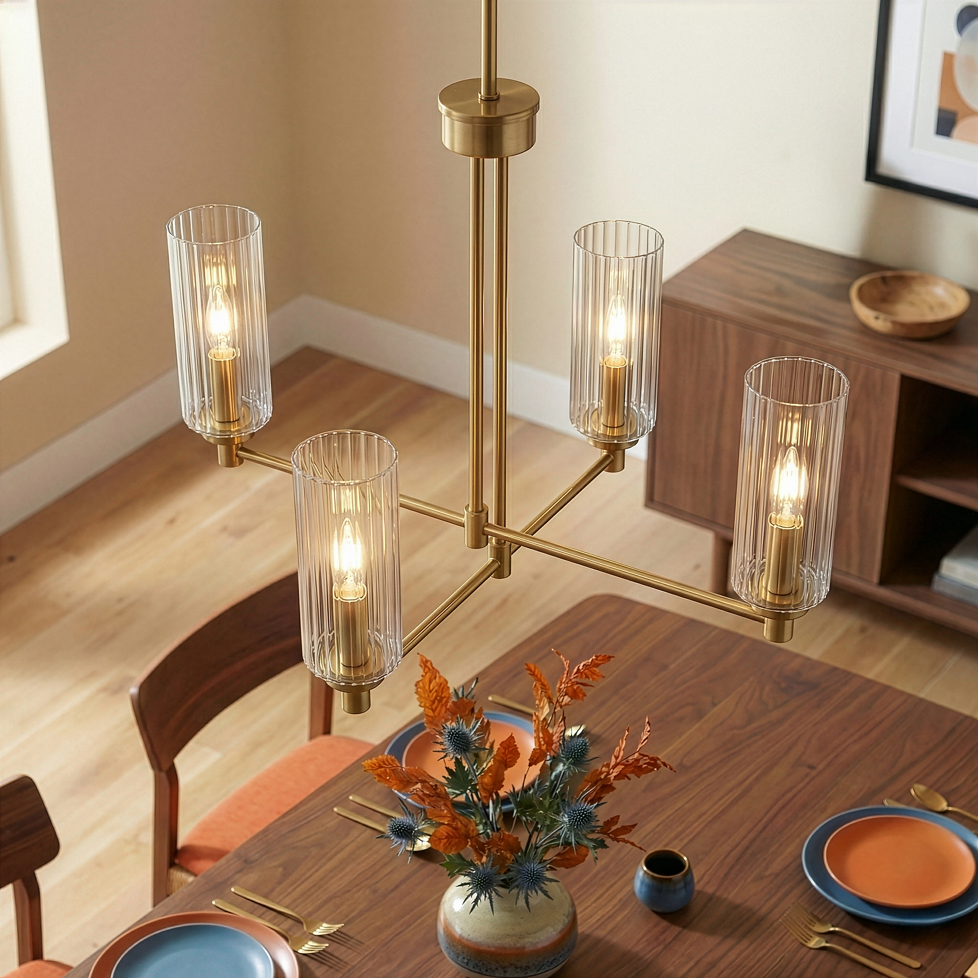 Enigma Four Lights Chandelier With Clear Ribbed Glass - Satin